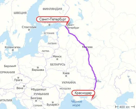Карта маршрута грузоперевозок Санкт-Петербург – Краснодар по трассам М10, М4 Дон